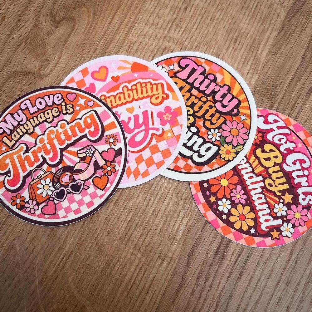 Custom Handmade Thrifty Stickers 4 Pack Retro Style - Picture 2 of 2